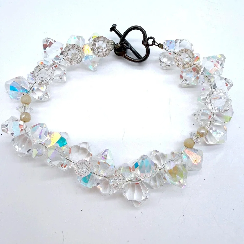 Vtg AB Crystal Bracelet Sterling 925 Chunky Faceted Glass Stones Iridescent 6.5